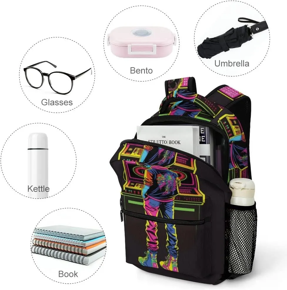 Kuizee Travel Laptop Backpack Business Daypack Work Bookbag Guy Playing Retro Cartoon Hip Hop Neon Style Durable iPad Tablet School College Book Bags Casual Bags for Men and Women