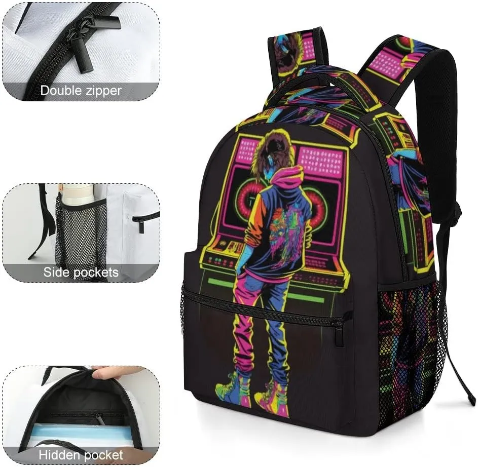 Kuizee Travel Laptop Backpack Business Daypack Work Bookbag Guy Playing Retro Cartoon Hip Hop Neon Style Durable iPad Tablet School College Book Bags Casual Bags for Men and Women