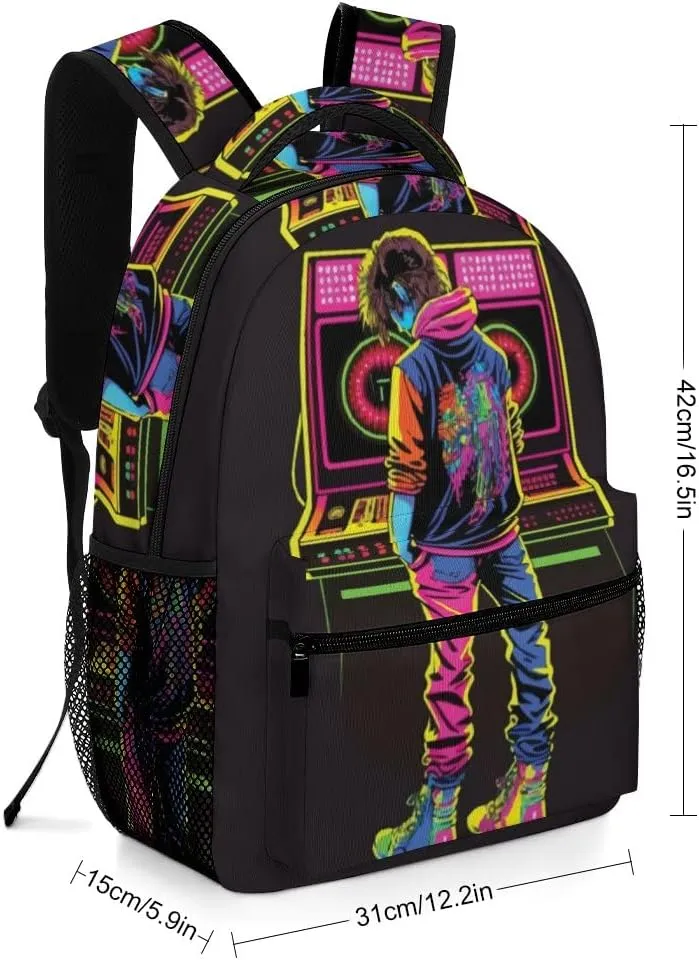Kuizee Travel Laptop Backpack Business Daypack Work Bookbag Guy Playing Retro Cartoon Hip Hop Neon Style Durable iPad Tablet School College Book Bags Casual Bags for Men and Women