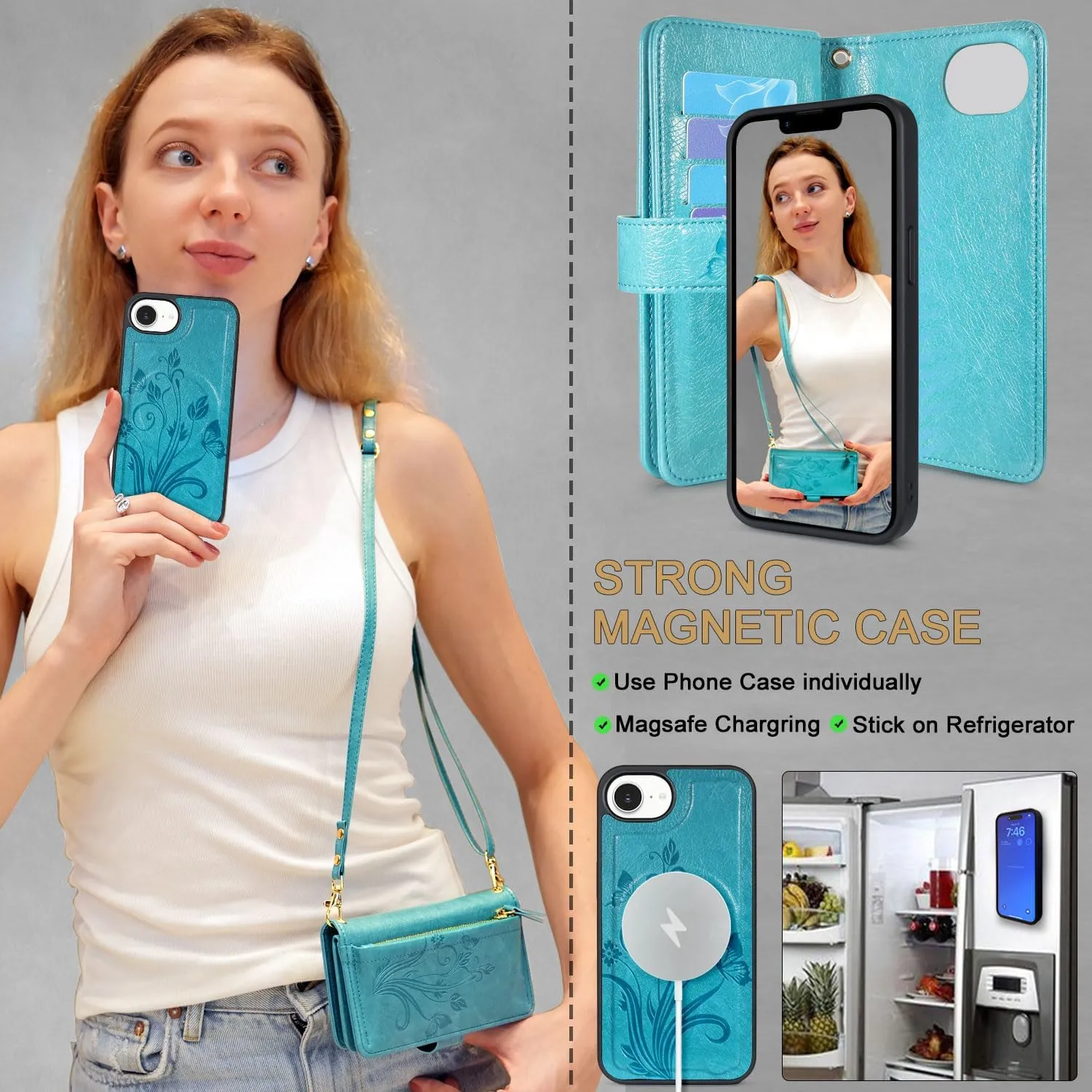 Lacass Compatible with iPhone 16e Detachable Crossbody Wallet Case,Compatible with MagSafe Wireless Charging,[Cards Theft Scan Protection],Magnetic Case Stand PU Leather Zipper(Floral Blue Green)