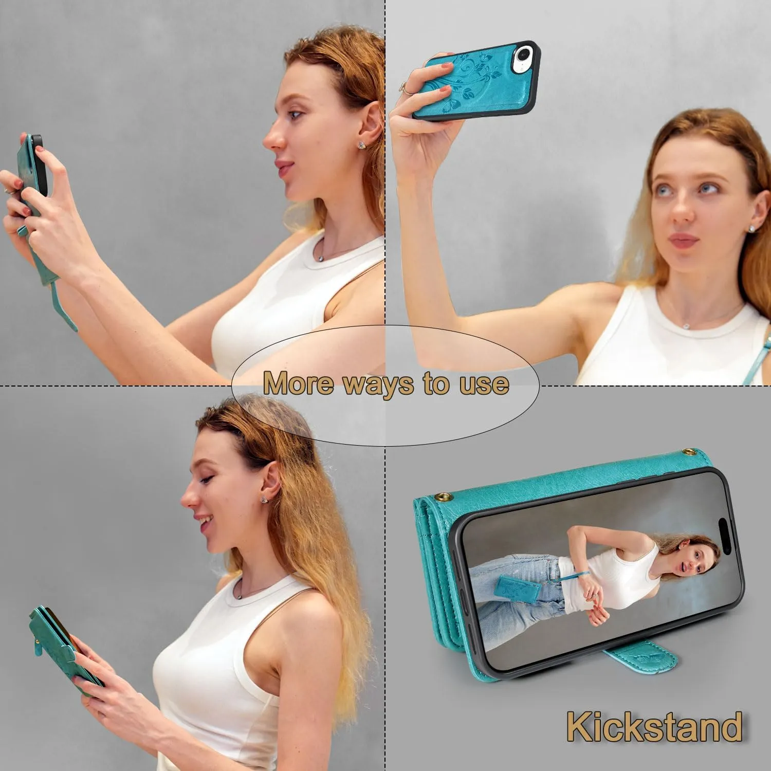 Lacass Compatible with iPhone 16e Detachable Crossbody Wallet Case,Compatible with MagSafe Wireless Charging,[Cards Theft Scan Protection],Magnetic Case Stand PU Leather Zipper(Floral Blue Green)