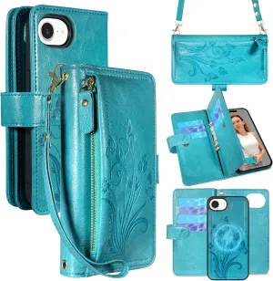 Lacass Compatible with iPhone 16e Detachable Crossbody Wallet Case,Compatible with MagSafe Wireless Charging,[Cards Theft Scan Protection],Magnetic Case Stand PU Leather Zipper(Floral Blue Green)