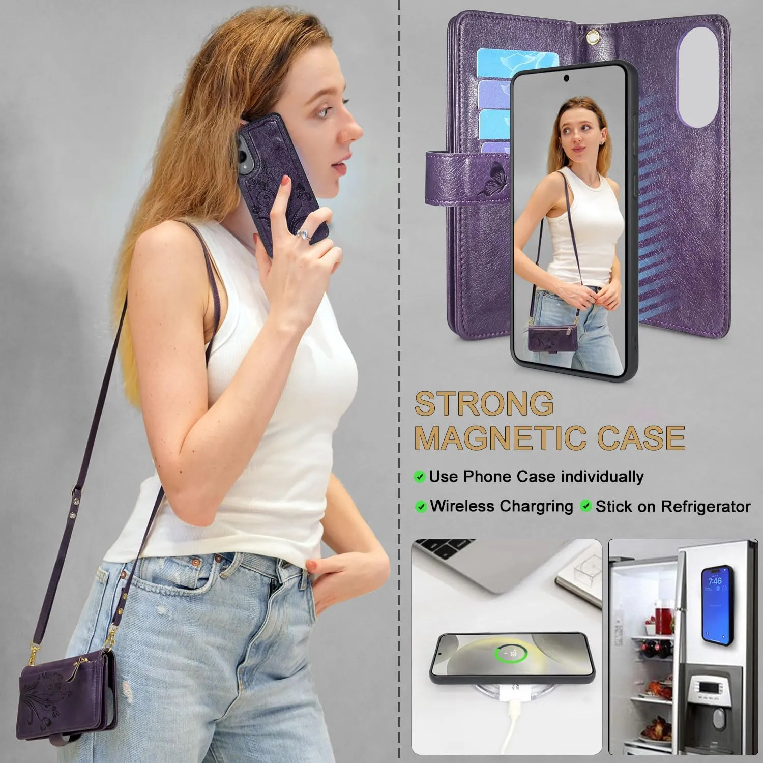 Lacass for Samsung Galaxy S25 Edge Detachable Crossbody Wallet Case, Compatible with Wireless Charging, [Cards Theft Scan Protection], Magnetic Case Stand PU Leather Zipper(Floral Dark Purple)