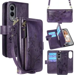 Lacass for Samsung Galaxy S25 Edge Detachable Crossbody Wallet Case, Compatible with Wireless Charging, [Cards Theft Scan Protection], Magnetic Case Stand PU Leather Zipper(Floral Dark Purple)