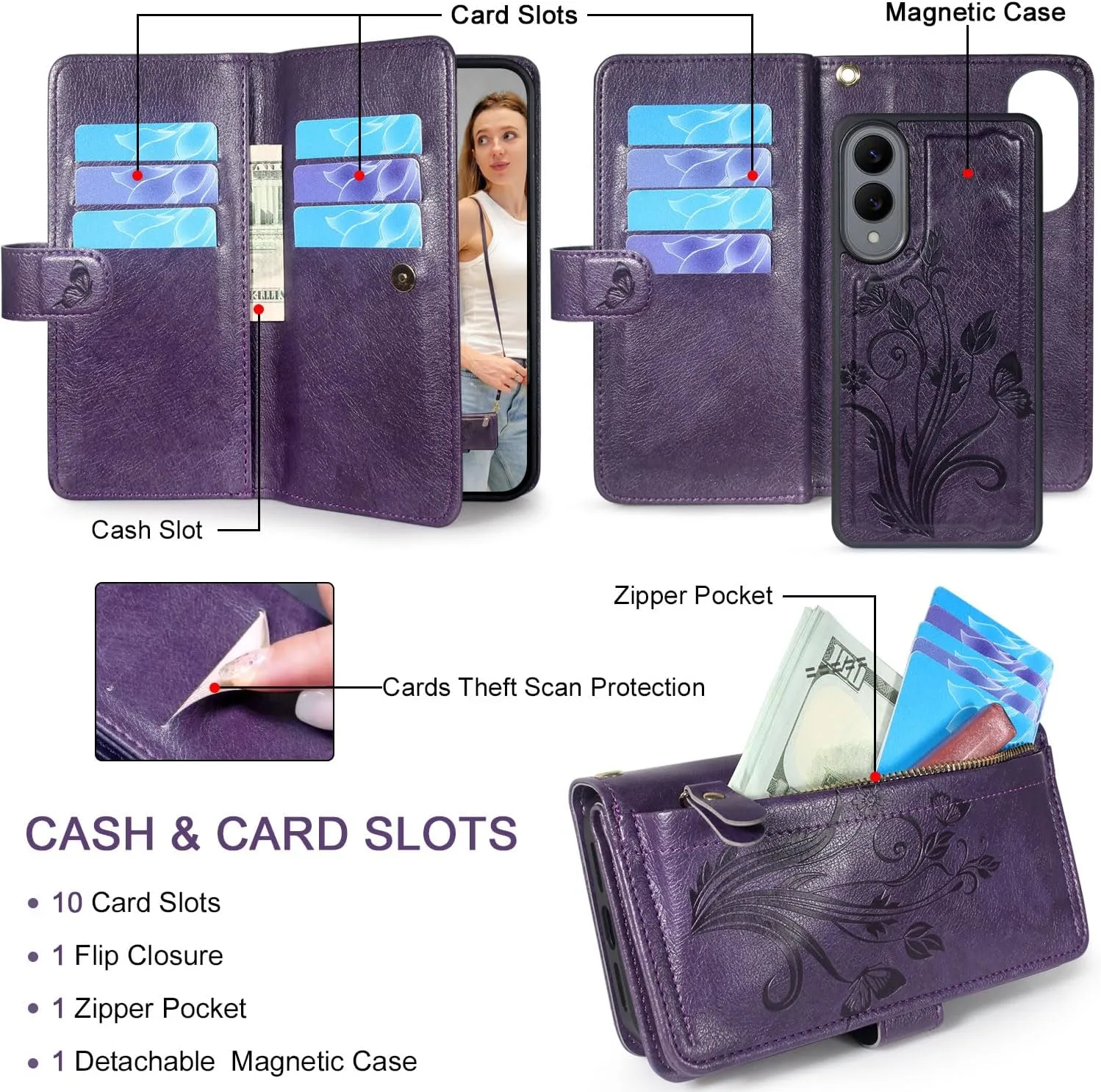 Lacass for Samsung Galaxy S25 Edge Detachable Crossbody Wallet Case, Compatible with Wireless Charging, [Cards Theft Scan Protection], Magnetic Case Stand PU Leather Zipper(Floral Dark Purple)
