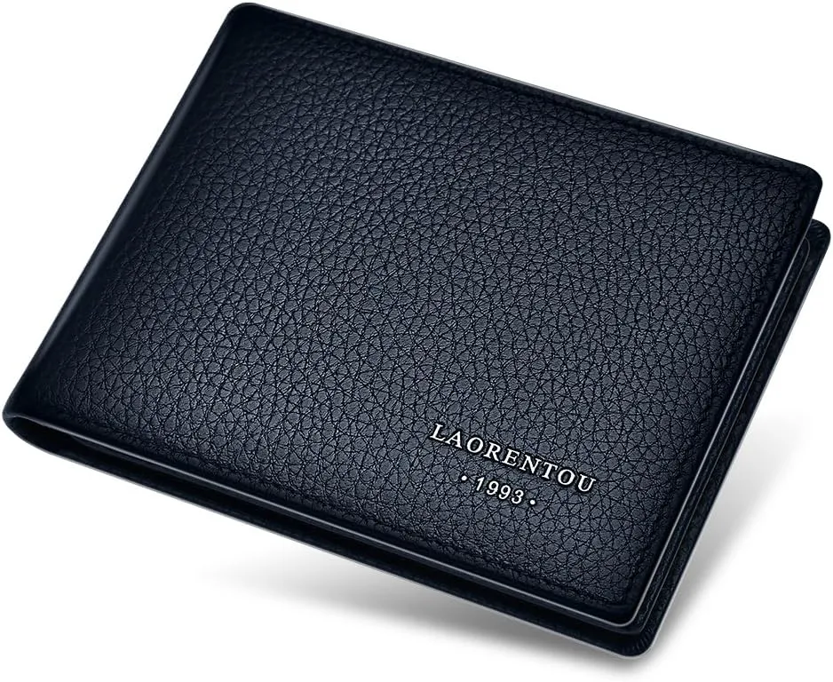 LAORENTOU Leather Wallets for Men, Genuine Leather RFID Blocking Gift Box Packing Men's Slim Wallets with 3 ID Windows Credit Card Holders Casual Men Purses (Blue)