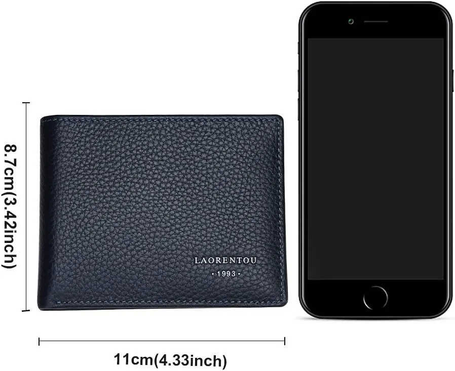 LAORENTOU Leather Wallets for Men, Genuine Leather RFID Blocking Gift Box Packing Men's Slim Wallets with 3 ID Windows Credit Card Holders Casual Men Purses (Blue)
