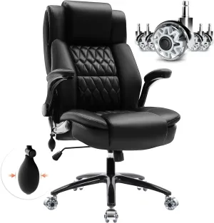 Large High Back Office Chair - Adjustable Lumbar Support, Flip Up Arms, Heavy Duty Metal Base, Breathable Bonded Leather, 2 Storage Bags, Black