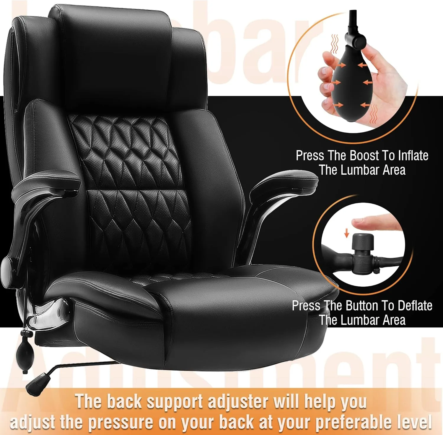 Large High Back Office Chair - Adjustable Lumbar Support, Flip Up Arms, Heavy Duty Metal Base, Breathable Bonded Leather, 2 Storage Bags, Black