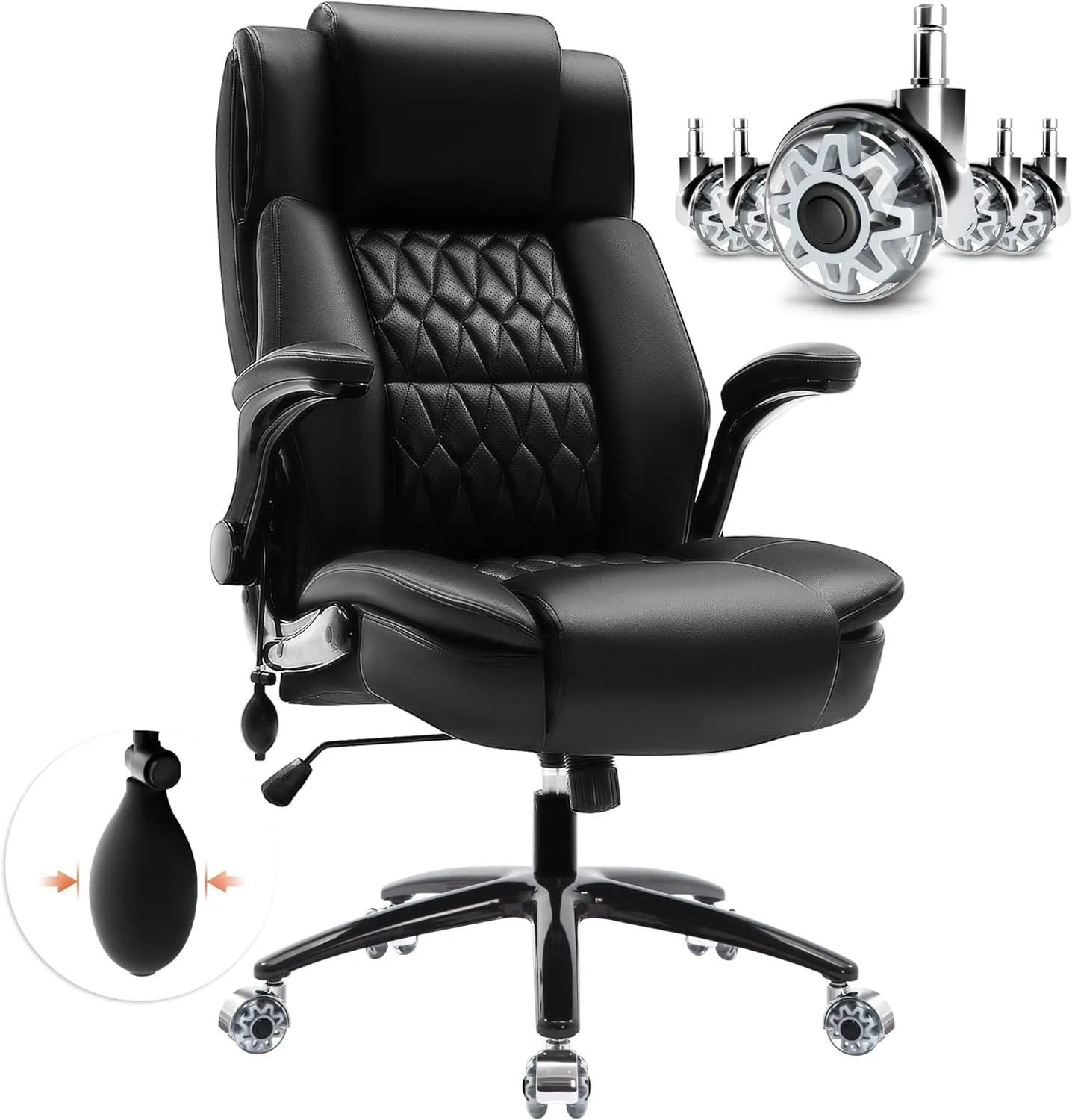 Large High Back Office Chair - Adjustable Lumbar Support, Flip Up Arms, Heavy Duty Metal Base, Breathable Bonded Leather, 2 Storage Bags, Black