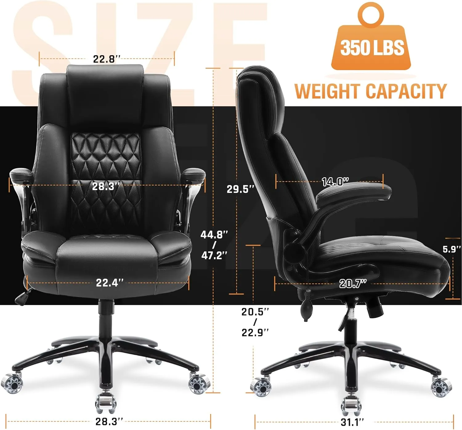 Large High Back Office Chair - Adjustable Lumbar Support, Flip Up Arms, Heavy Duty Metal Base, Breathable Bonded Leather, 2 Storage Bags, Black