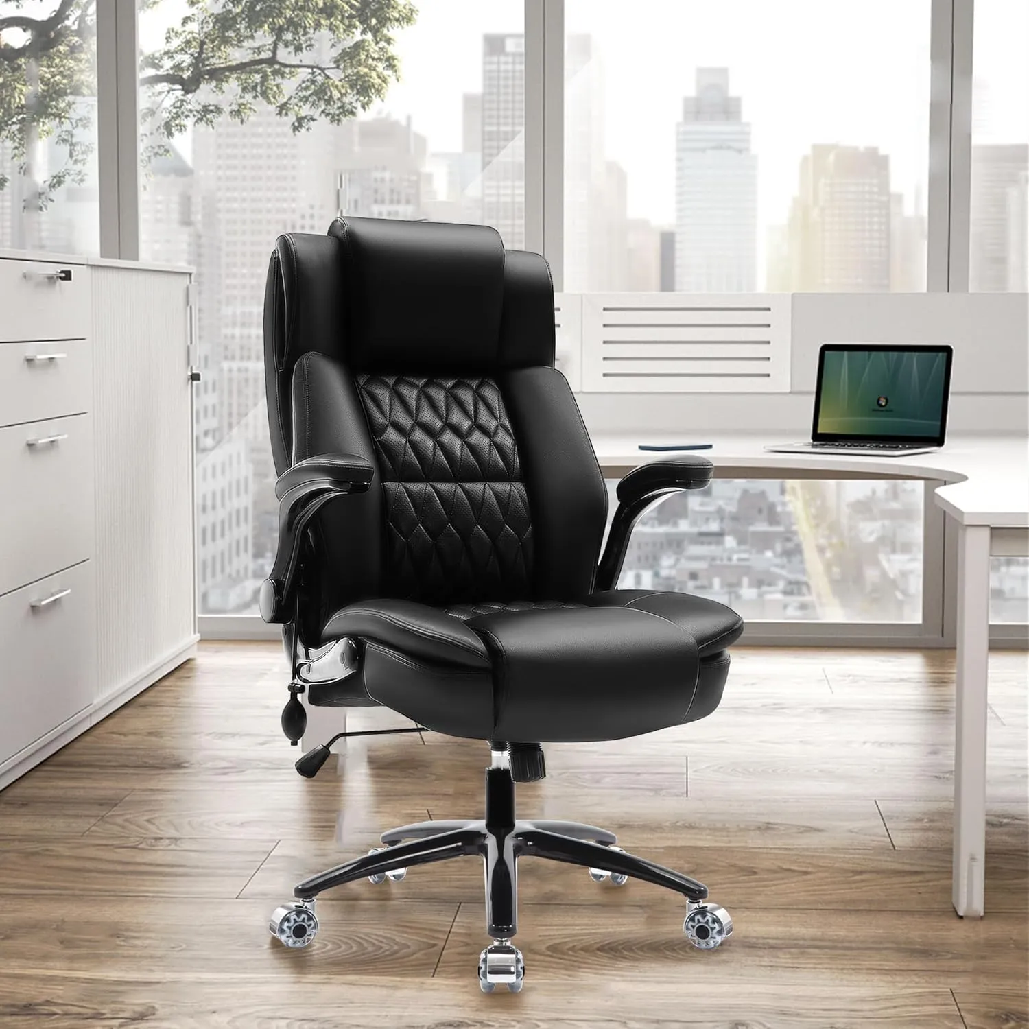Large High Back Office Chair - Adjustable Lumbar Support, Flip Up Arms, Heavy Duty Metal Base, Breathable Bonded Leather, 2 Storage Bags, Black