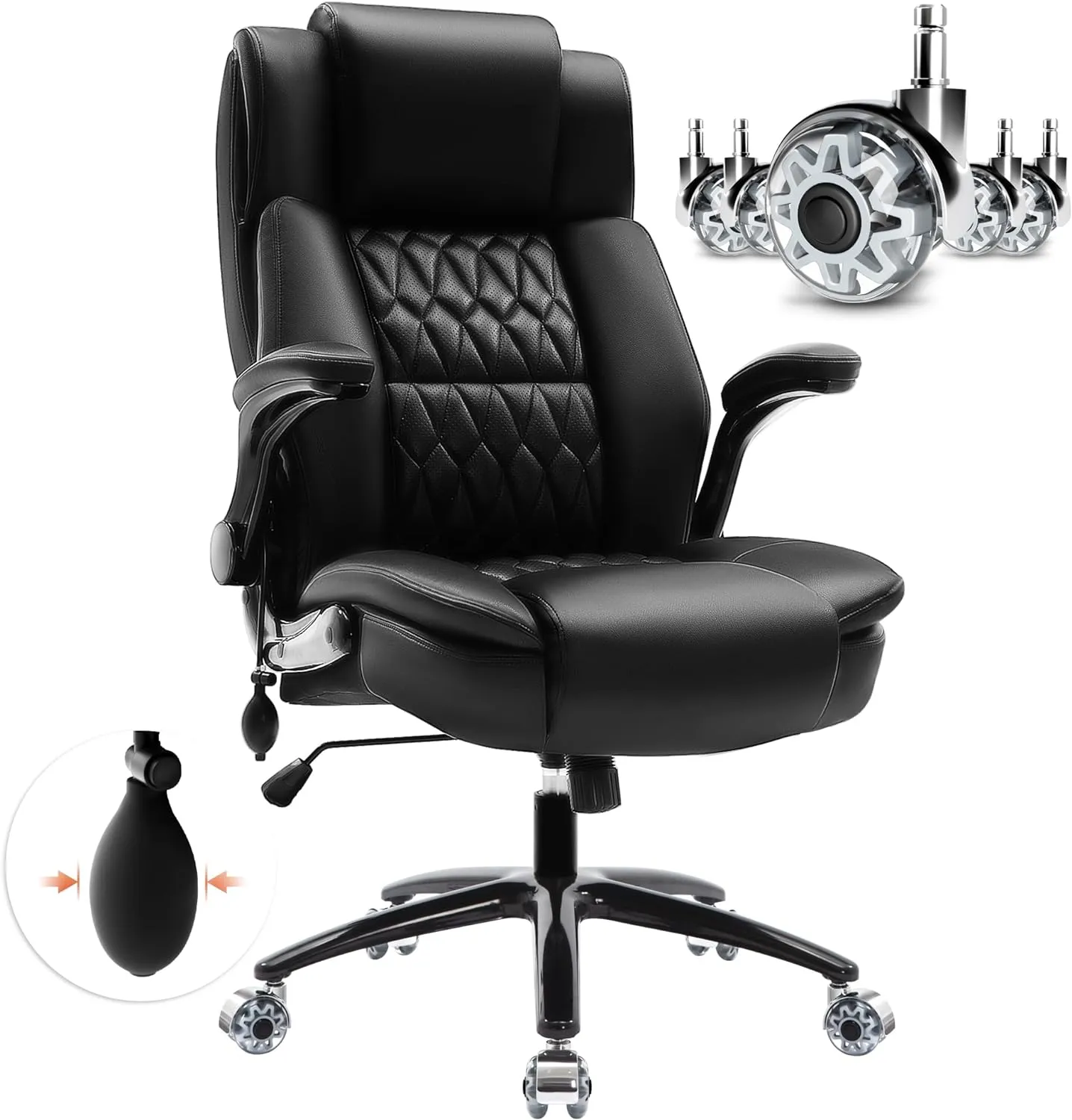 Large High Back Office Chair - Adjustable Lumbar Support, Flip Up Arms, Heavy Duty Metal Base, Breathable Bonded Leather, 2 Storage Bags, Black