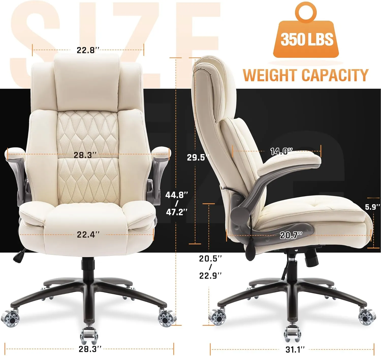 Large High Back Office Chair - Adjustable Lumbar Support Flip Up Arms Heavy Duty Quiet Wheels Metal Base Breathable Bonded Leather Ergonomic Executive Computer Desk Chair with Storage Bags, Beige