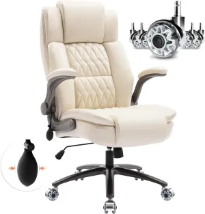 Large High Back Office Chair - Adjustable Lumbar Support Flip Up Arms Heavy Duty Quiet Wheels Metal Base Breathable Bonded Leather Ergonomic Executive Computer Desk Chair with Storage Bags, Beige