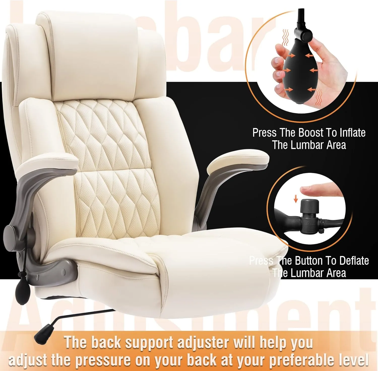 Large High Back Office Chair - Adjustable Lumbar Support Flip Up Arms Heavy Duty Quiet Wheels Metal Base Breathable Bonded Leather Ergonomic Executive Computer Desk Chair with Storage Bags, Beige