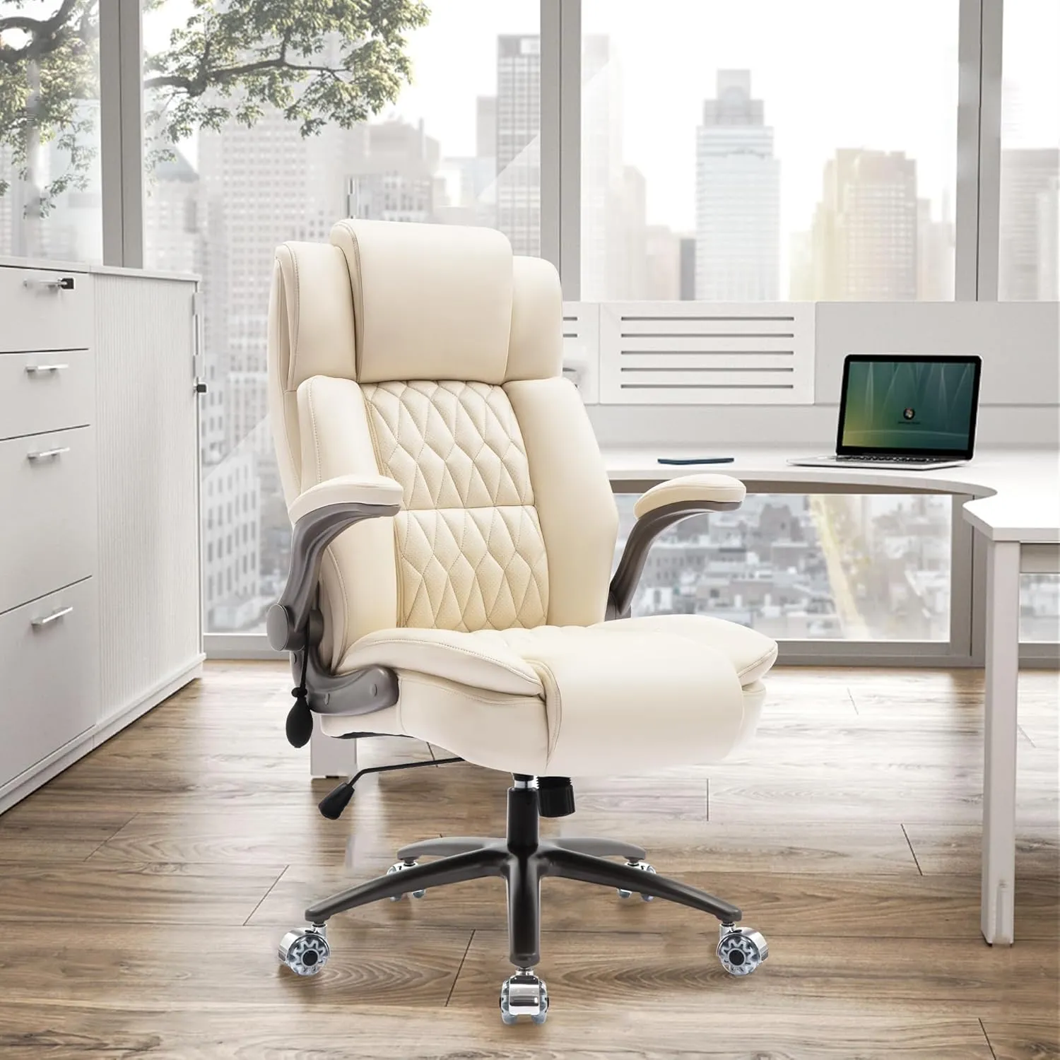 Large High Back Office Chair - Adjustable Lumbar Support Flip Up Arms Heavy Duty Quiet Wheels Metal Base Breathable Bonded Leather Ergonomic Executive Computer Desk Chair with Storage Bags, Beige