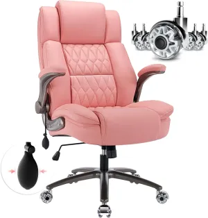 Large High Back Office Chair - Adjustable Lumbar Support Flip Up Arms Heavy Duty Quiet Wheels Metal Base Breathable Bonded Leather Ergonomic Executive Computer Desk Chair with Storage Bags, Pink