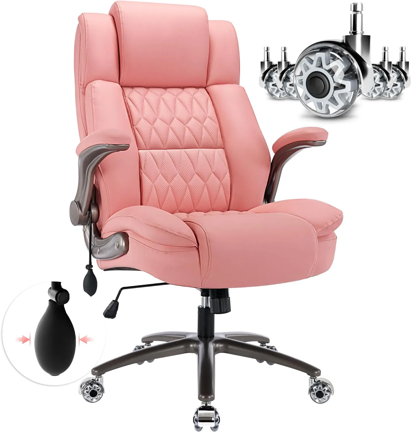 Large High Back Office Chair - Adjustable Lumbar Support Flip Up Arms Heavy Duty Quiet Wheels Metal Base Breathable Bonded Leather Ergonomic Executive Computer Desk Chair with Storage Bags, Pink