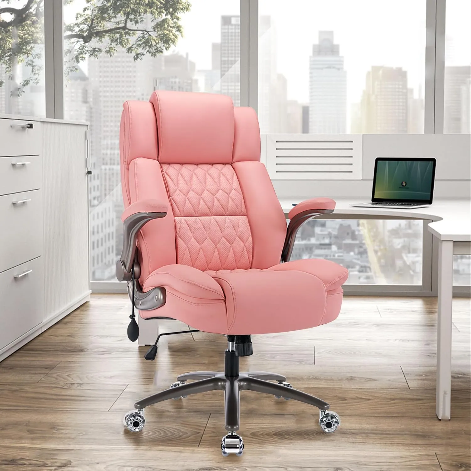 Large High Back Office Chair - Adjustable Lumbar Support Flip Up Arms Heavy Duty Quiet Wheels Metal Base Breathable Bonded Leather Ergonomic Executive Computer Desk Chair with Storage Bags, Pink