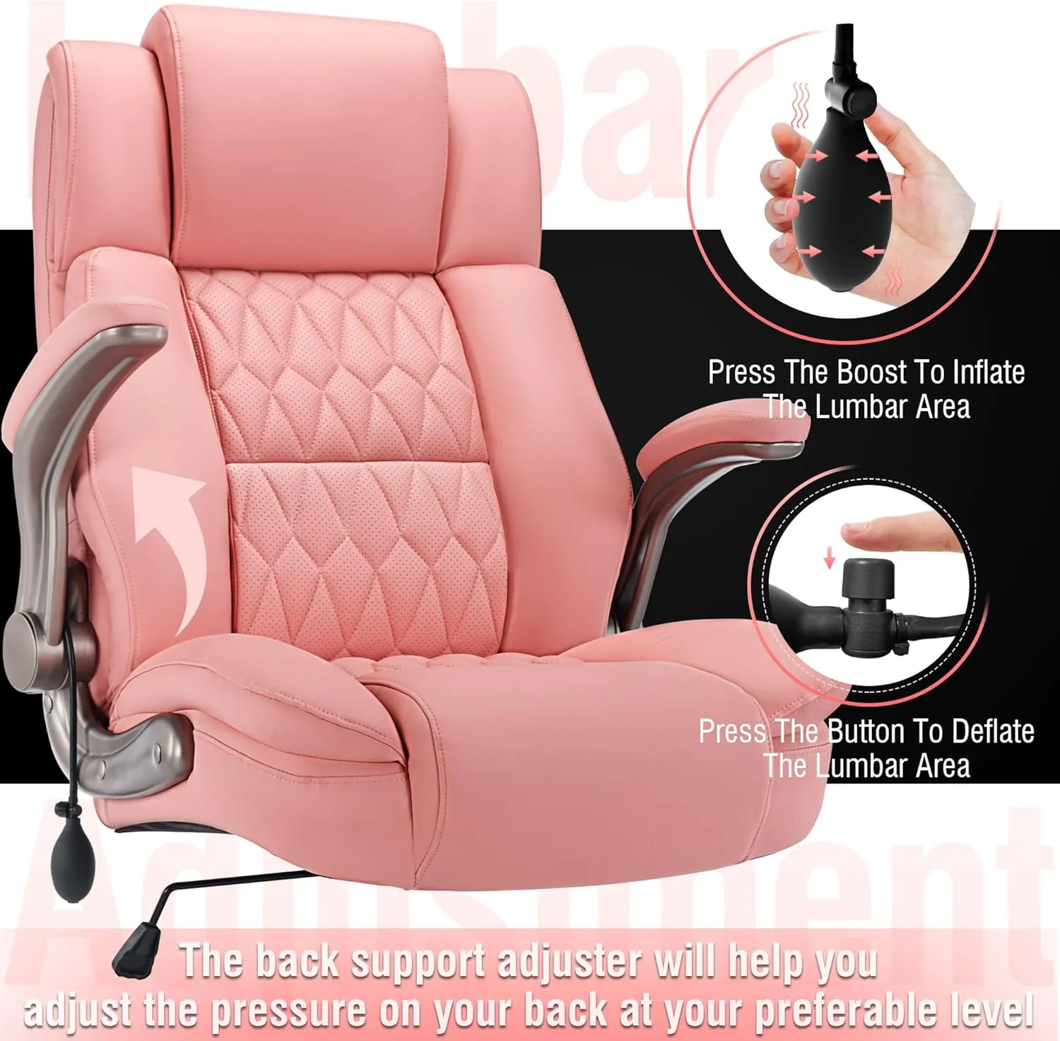 Large High Back Office Chair - Adjustable Lumbar Support Flip Up Arms Heavy Duty Quiet Wheels Metal Base Breathable Bonded Leather Ergonomic Executive Computer Desk Chair with Storage Bags, Pink