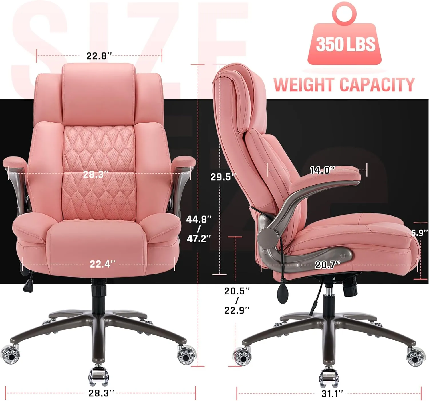 Large High Back Office Chair - Adjustable Lumbar Support Flip Up Arms Heavy Duty Quiet Wheels Metal Base Breathable Bonded Leather Ergonomic Executive Computer Desk Chair with Storage Bags, Pink