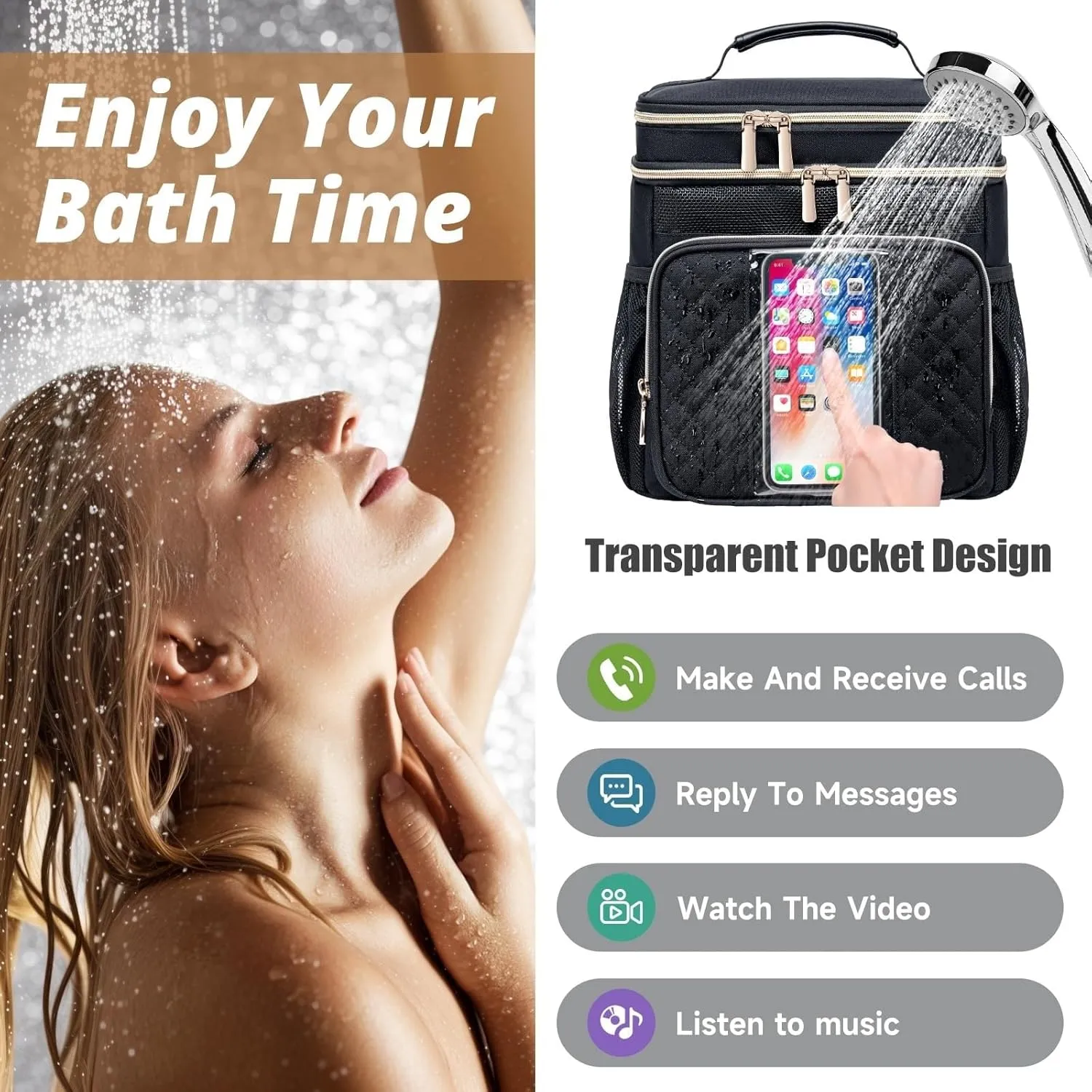 Large Toiletry Bag for Women Men, Waterproof Portable Shower Caddy for College Dorm,Bathroom Bag,Quick Dry Shower Bag Hanging Toiletry Bags For Traveling Gym Camping Travel (Black)