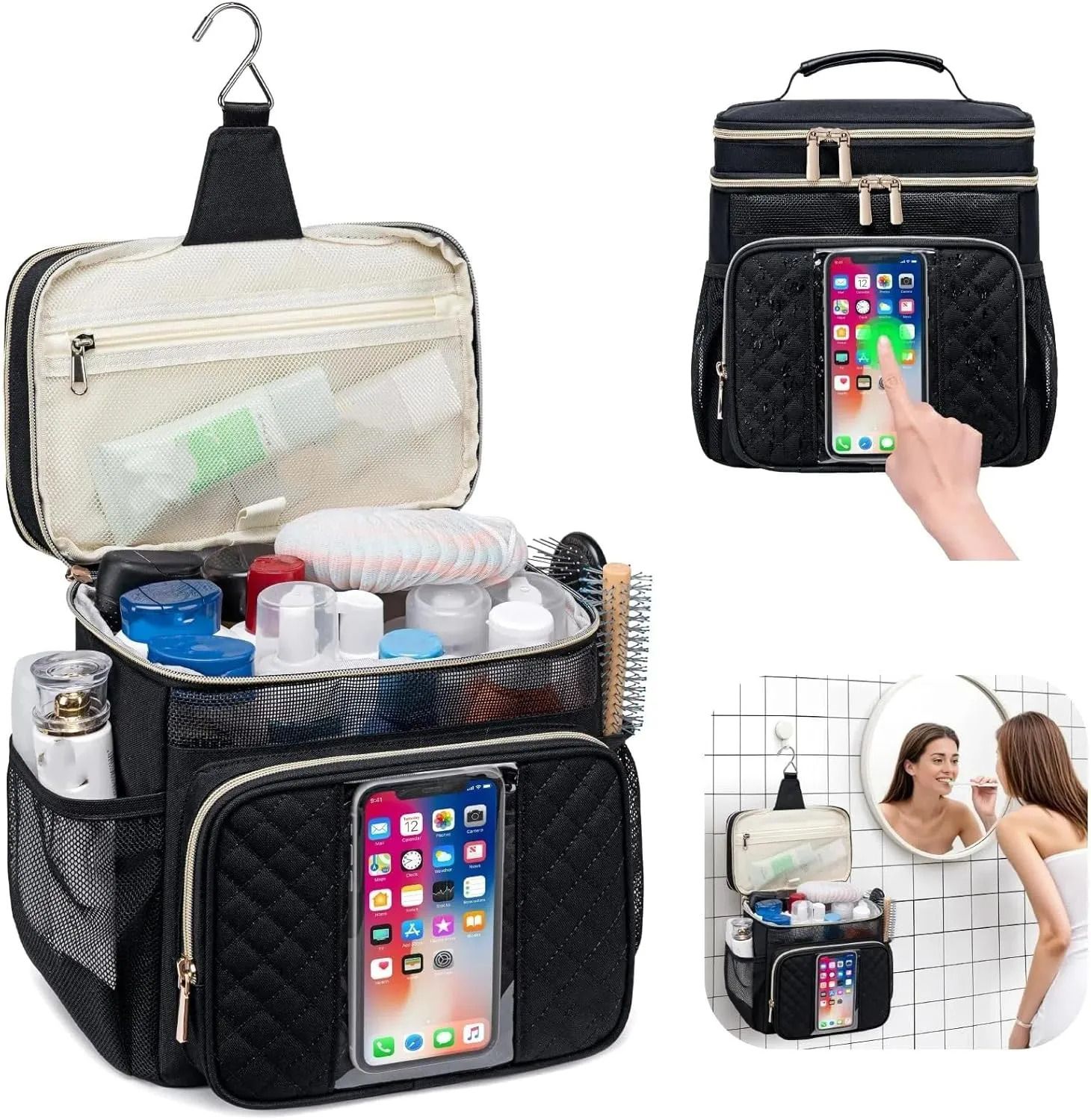 Large Toiletry Bag for Women Men, Waterproof Portable Shower Caddy for College Dorm,Bathroom Bag,Quick Dry Shower Bag Hanging Toiletry Bags For Traveling Gym Camping Travel (Black)