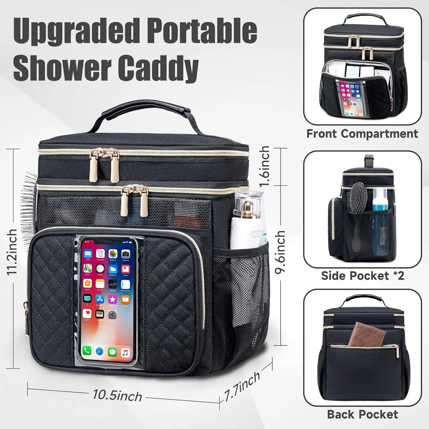 Large Toiletry Bag for Women Men, Waterproof Portable Shower Caddy for College Dorm,Bathroom Bag,Quick Dry Shower Bag Hanging Toiletry Bags For Traveling Gym Camping Travel (Black)