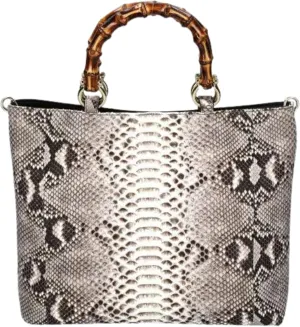 Large Tote Snakeskin Bag Wood Handle Accent