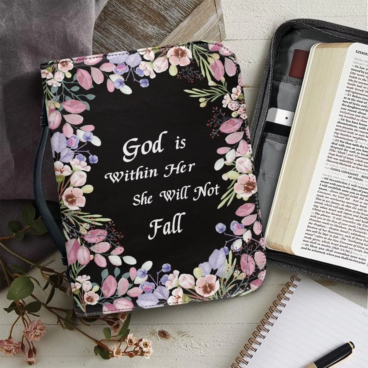 Leather Bible Covers for Women Aesthetic Floral Bible Quotes Bible Carrying Case with Handle