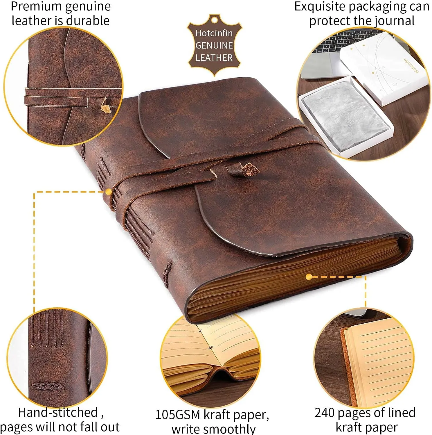 Leather Bound Journal for Men/Women, Rustic Vintage Handmade Large Writing Notebook with 240 Kraft Lined Pages(6x8 inches), Business/Travel Daily Notepad Sketchbook Gift - Brown