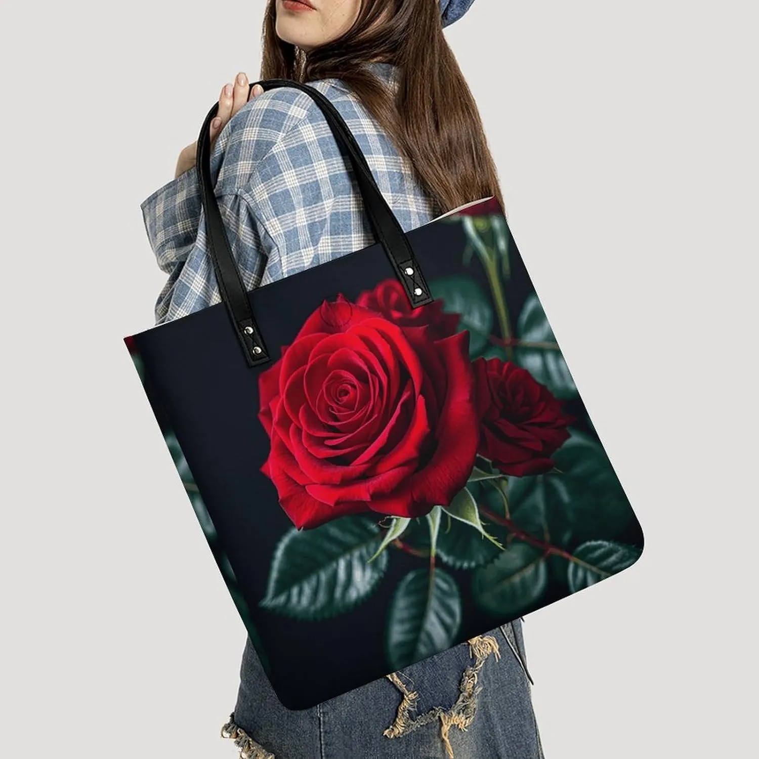 Leather Handbag for Women Tote Bag with Magnetic Buckle Flower Crossbody Bag Shoulder Bags