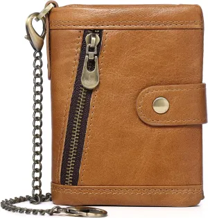 Leather Men Wallet with Anti-Theft Chain,Genuine Leather RFID Bifold Wallets Multifunctional Card Holder Minimalist Purse Zipper Coin Pocket with ID Window (Brown)