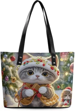 Leather Tote Bag Crossbody Bags for Women Fashion Top Handle Handbag Cute Cat Sing Christmas Carols Ladies Shoulder Bags Casual Beach Bag Gym Bages Ladies Purses for Shopping Work Travel
