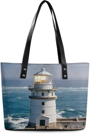 Leather Tote Bag Crossbody Bags for Women Fashion Top Handle Handbag Lighthouse Sandbeach Ladies Shoulder Bags Casual Beach Bag Gym Bages Ladies Purses for Shopping Work Travel