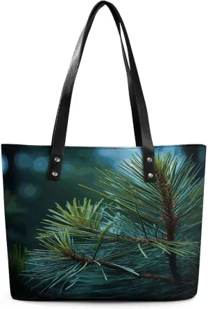 Leather Tote Bag Crossbody Bags for Women Fashion Top Handle Handbag Pine Tree Green Needles Ladies Shoulder Bags Casual Beach Bag Gym Bages Ladies Purses for Shopping Work Travel