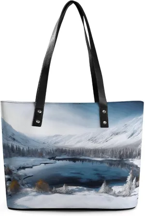 Leather Tote Bag Crossbody Bags for Women Fashion Top Handle Handbag Winter Mountains Snow Scene Ladies Shoulder Bags Casual Beach Bag Gym Bages Ladies Purses for Shopping Work Travel
