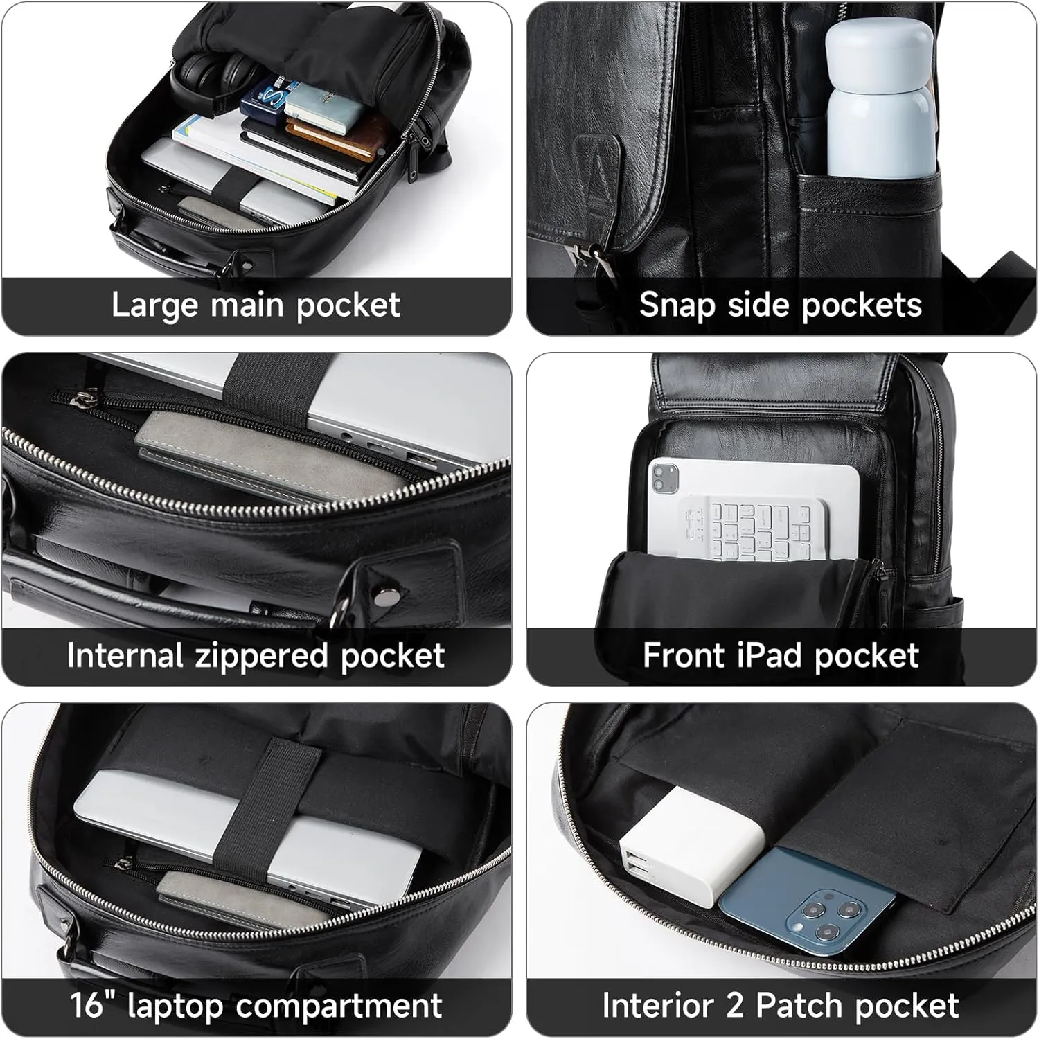 Leather Travel Laptop Backpack For Men Fit 15.6" Waterproof Vintage Backpack Business Work Knapsack College Commute Hiking Black Backpacks