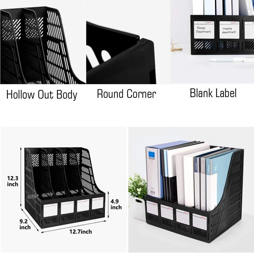 Lemical File Holder Desktop Filing File Box 4 Compartments Vertical File Organizer Magazine Rack Book Holder Frames Binder Holder for Home Office School