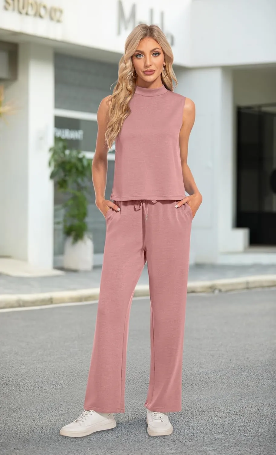 Lepunuo Two Piece Sets for Women Summer Mock Neck Sleeveless Top Wide Leg Pants Lounge Sets Vacation Travel Outfits