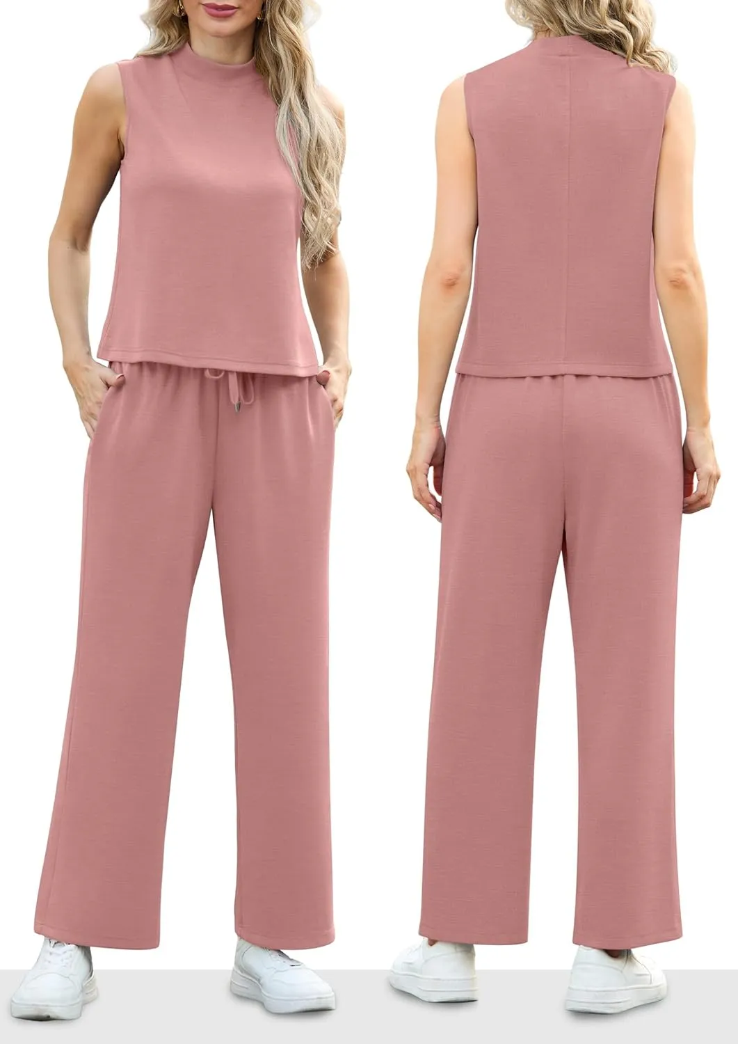 Lepunuo Two Piece Sets for Women Summer Mock Neck Sleeveless Top Wide Leg Pants Lounge Sets Vacation Travel Outfits