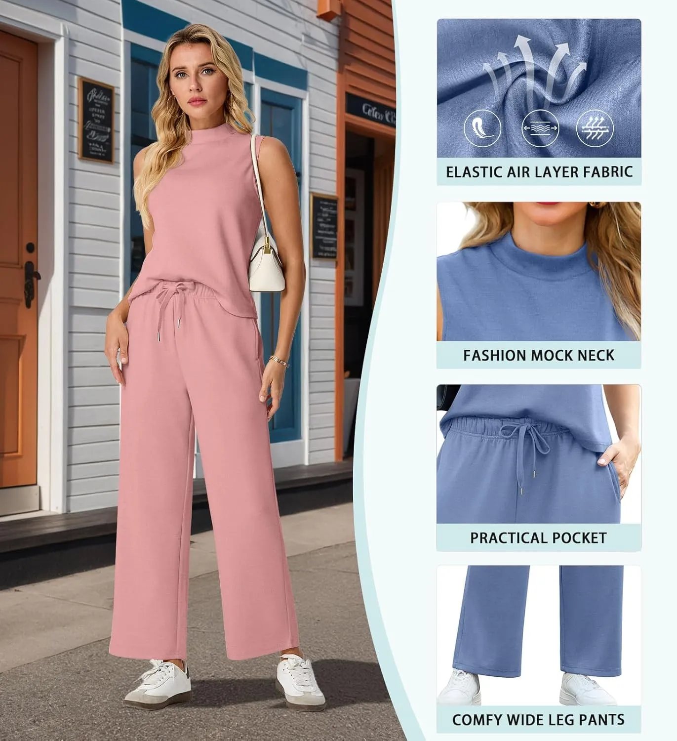 Lepunuo Two Piece Sets for Women Summer Mock Neck Sleeveless Top Wide Leg Pants Lounge Sets Vacation Travel Outfits