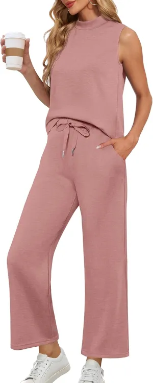 Lepunuo Two Piece Sets for Women Summer Mock Neck Sleeveless Top Wide Leg Pants Lounge Sets Vacation Travel Outfits