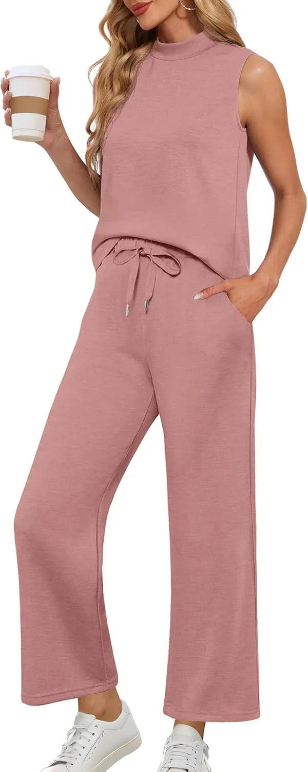 Lepunuo Two Piece Sets for Women Summer Mock Neck Sleeveless Top Wide Leg Pants Lounge Sets Vacation Travel Outfits