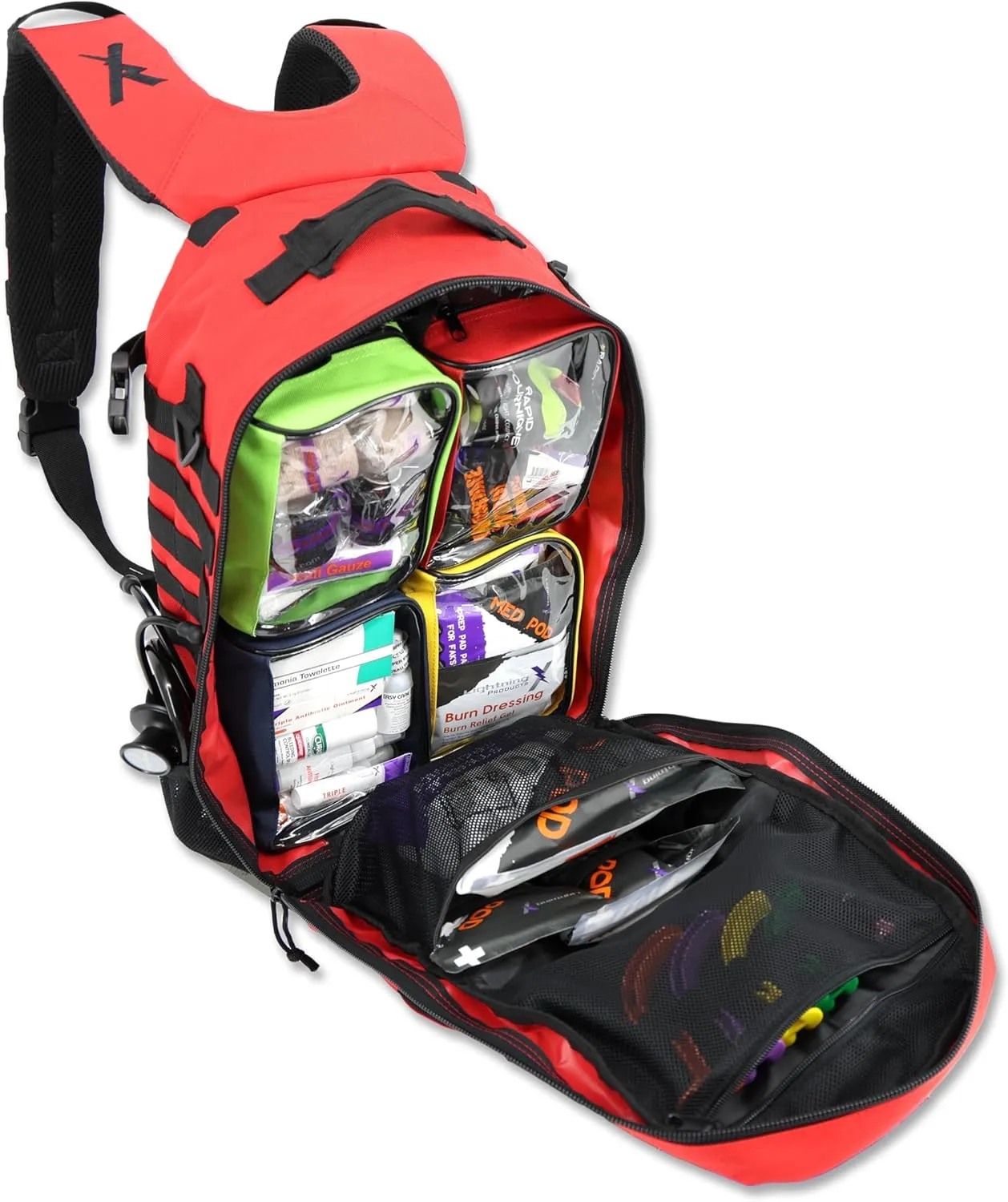Lightning X Fully Stocked TacMed First Responder Trauma Medical Backpack EMT Kit | MB45-SKF | w/Professional First Aid Emergency Supplies (Red)