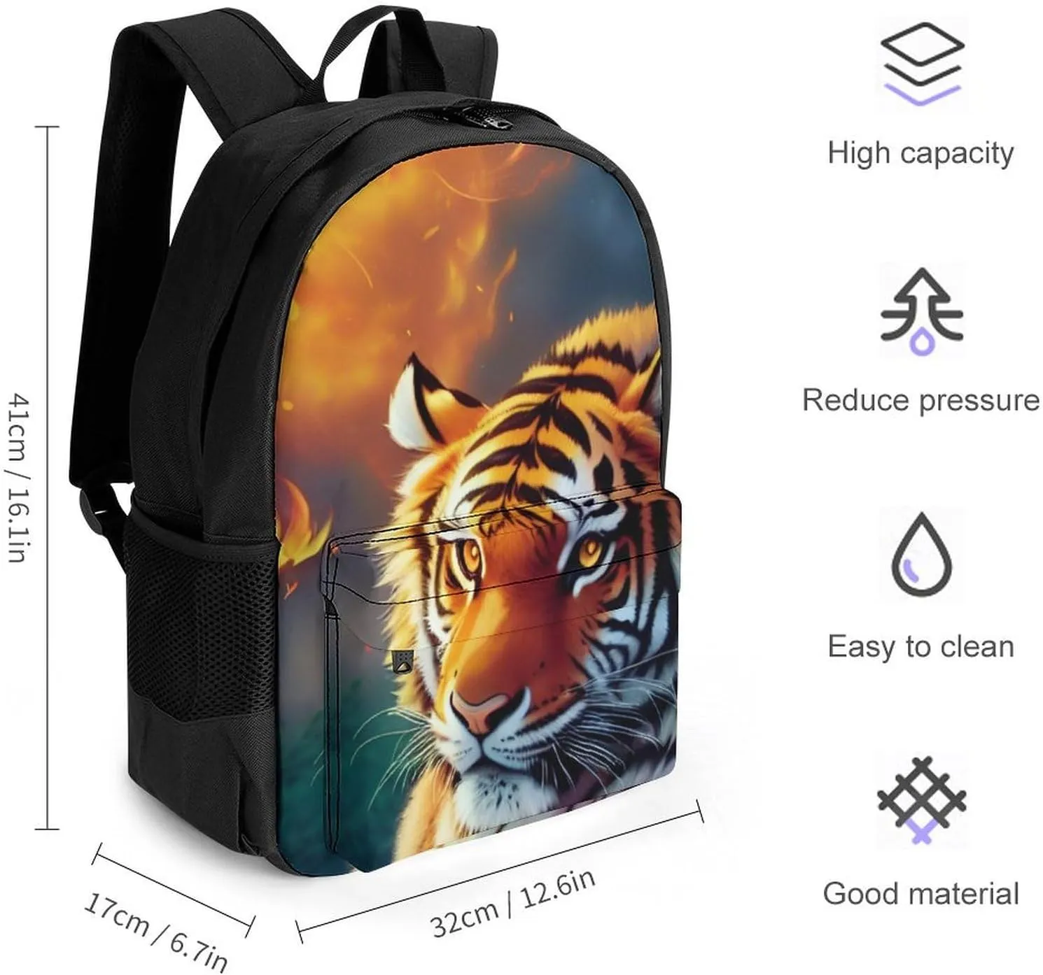Lightweight Backpack for Gym Travel Bicycle - Big Capacity Multipurpose Anti-Theft Carry On Bag, Wild And Angry Tiger Fire Flame Brave Mammal King Roar Art Travel Hiking Bag & Day Pack