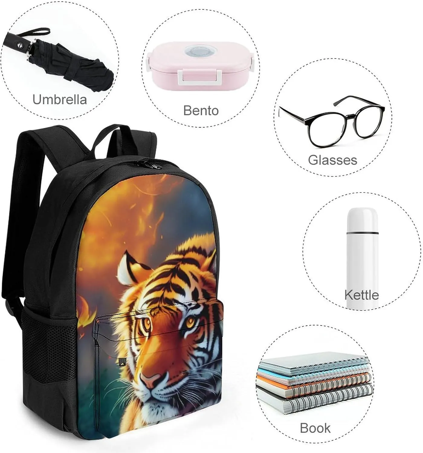 Lightweight Backpack for Gym Travel Bicycle - Big Capacity Multipurpose Anti-Theft Carry On Bag, Wild And Angry Tiger Fire Flame Brave Mammal King Roar Art Travel Hiking Bag & Day Pack