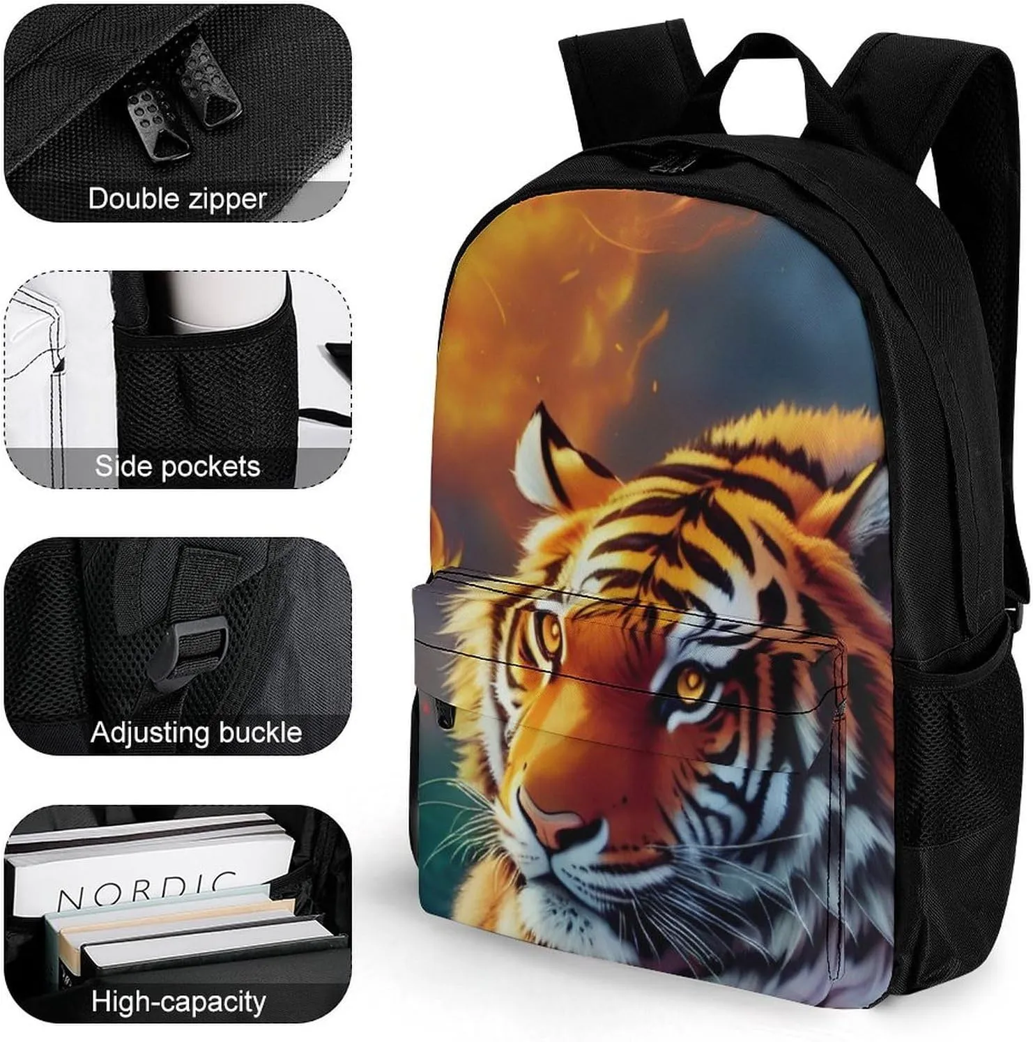 Lightweight Backpack for Gym Travel Bicycle - Big Capacity Multipurpose Anti-Theft Carry On Bag, Wild And Angry Tiger Fire Flame Brave Mammal King Roar Art Travel Hiking Bag & Day Pack