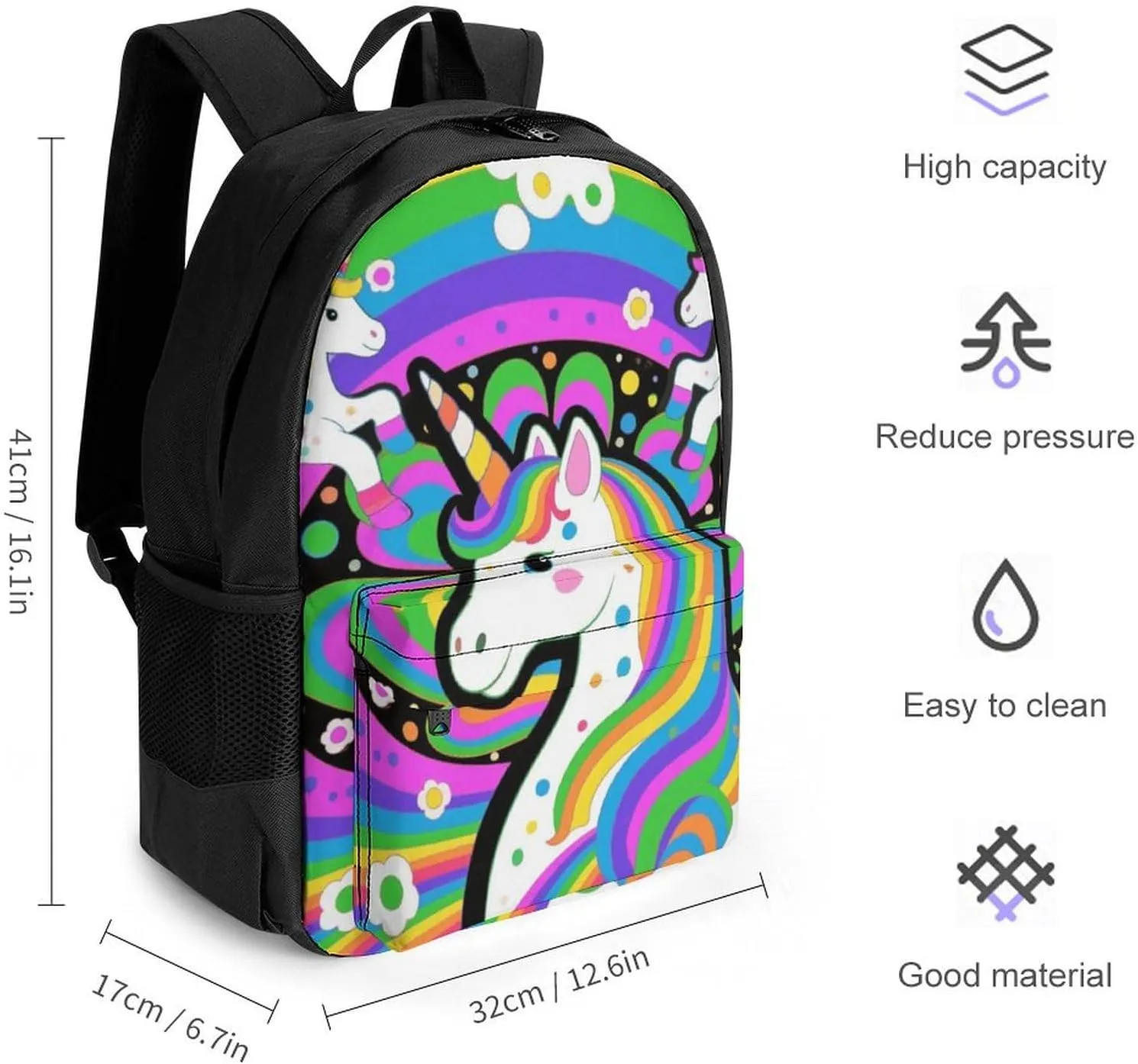 Lightweight Daypack Backpack for Trekking Work Running - Big Capacity Multipurpose Anti-Theft Bookbag, Trippy Rainbow Unicorn Art Business Computer Bag